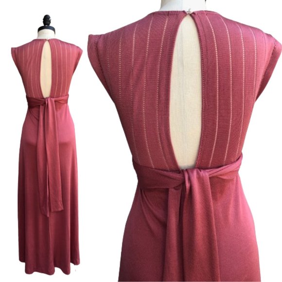 Vtg 70s Puce Rose Pointelle Knit V-Neck Tie Waist Open Back Maxi Disco Gown S/M - Picture 6 of 17
